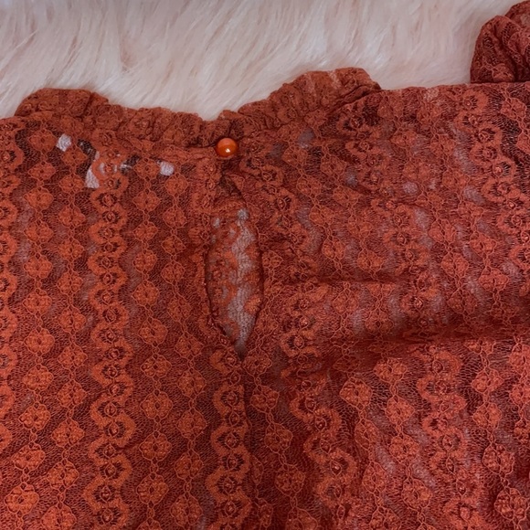 New Trendy Brick Color Sheer Crochet Mock Neck Long Sleeve Blouse - Picture 8 of 17